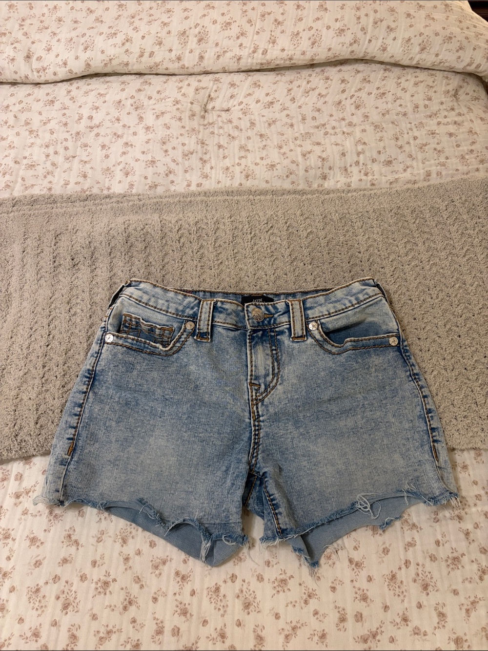 True Religion Light Blue Distressed Denim Shorts
